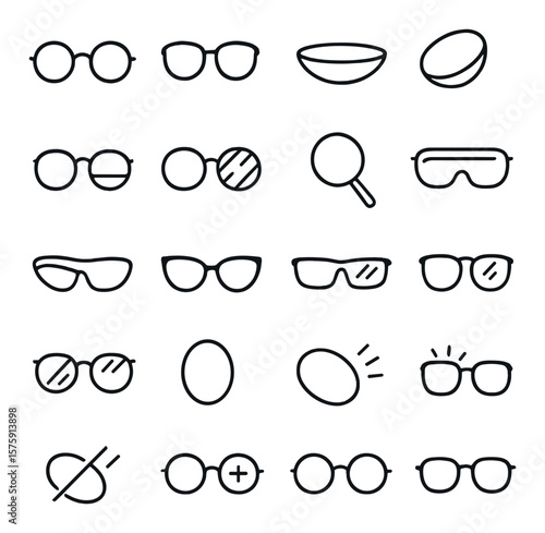 Eyewear lenses line art icons. reading glasses lens, sunglasses lens, contact lens, bifocal lens, progressive lens, photochromic lens, magnifying glass, safety goggles lens, sports