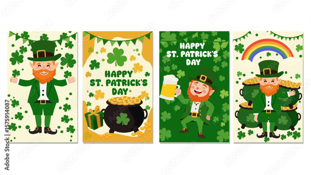 Obraz premium Cheerful St. Patrick's Day Vector Card Collection - Leprechauns, Pots of Gold & Shamrocks