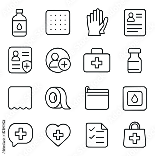 Emergency rabies kit line art icons. wound wash bottle, gauze pad, sterile gloves, quick guide sheet, rabies fact card, emergency contact icon, first aid box, vial symbol, clean
