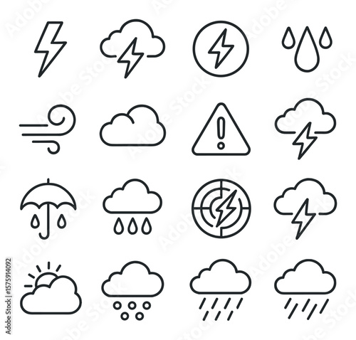 Storm and weather line art icons. lightning bolt, storm cloud, thunder icon, rain drops, wind swirl, heavy clouds, weather alert, lightning strike, rainy umbrella, storm front,