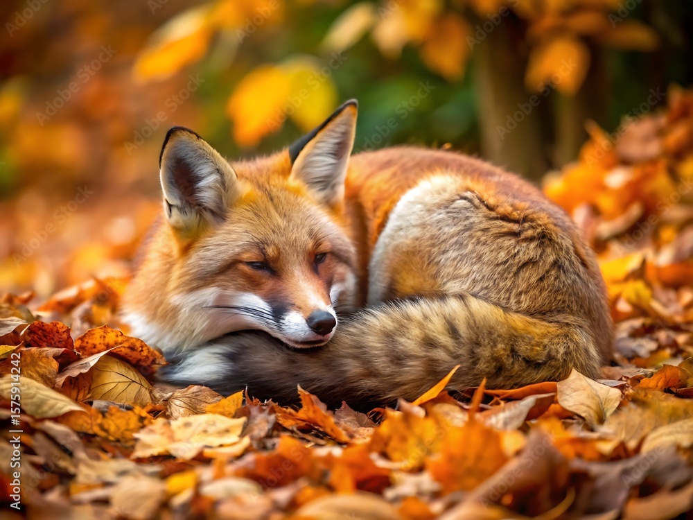 Naklejka premium A red fox is curled up asleep in a pile of colorful autumn leaves
