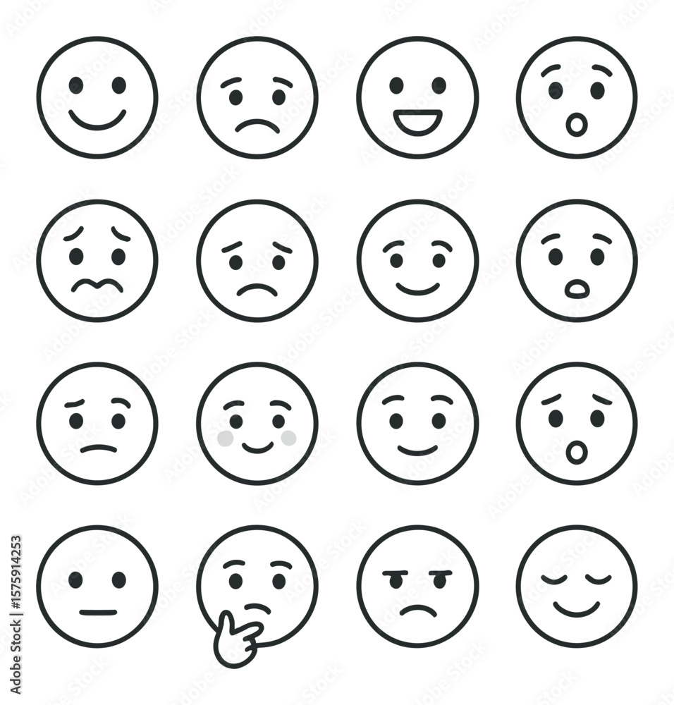 Emotions and expressions line art icons. happy face, sad face, angry face, surprised face, anxious face, tired face, excited face, calm face, confused face, shy face, proud face, Emotions and expressions line art icons. happy face, sad face, angry face, surprised face, anxious face, tired face, excited face, calm face, confused face, shy face, proud face,
