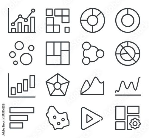 Data Visualization line art icons. infographic icon, heatmap, radial chart, donut chart, bubble chart, tree map, flow diagram, chord chart, waterfall chart, radar chart, area chart