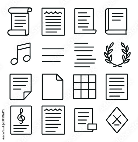 Types of poetry line art icons. haiku scroll, sonnet sheet, free verse page, epic book, ballad notes, couplet lines, limerick text, ode symbol, elegy paper, blank verse, acrostic