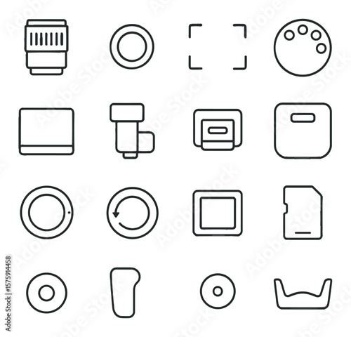 Camera parts line art icons. lens, shutter button, viewfinder, mode dial, LCD screen, flash unit, hot shoe, battery door, focus ring, zoom ring, sensor, SD card slot, tripod mount,