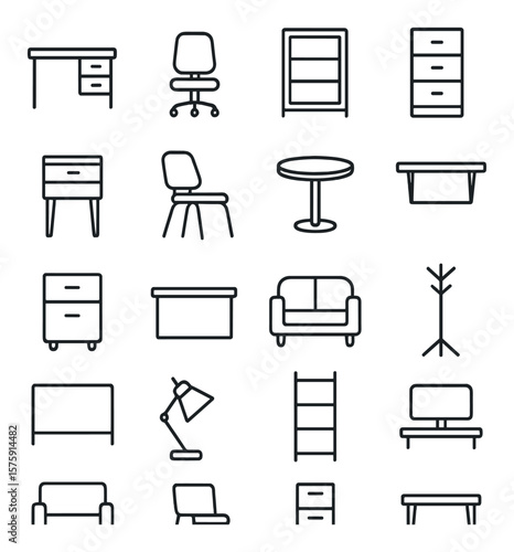 Office furniture line art icons. desk, rolling chair, bookshelf, file cabinet, side table, visitor chair, breakroom table, wall shelf, mobile drawer, reception desk, office couch,