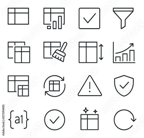 Data Cleaning line art icons. missing value icon, outlier icon, null check, filter icon, duplicate removal, data scrub icon, standardize icon, normalize icon, trim spaces, reformat