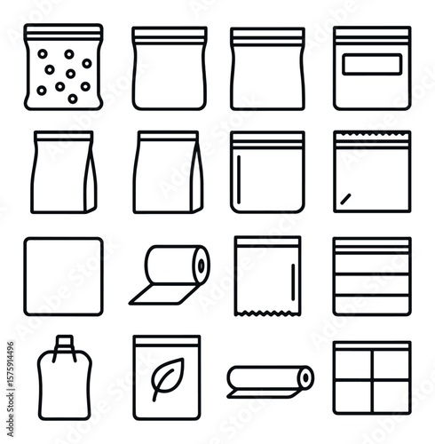 Food storage bags line art icons. vacuum-sealed bag, freezer bag, sandwich zip bag, labeled storage bag, standing pouch, gusset bag, transparent resealable bag, foil-lined pouch,