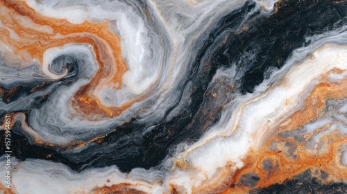 Elegant black, white, and orange marble swirl surface showcasing artistic patterns illuminated by soft gallery lighting