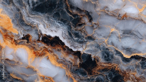 Exploring the intricate beauty of polished black, white, and orange marble swirl patterns under soft gallery lighting