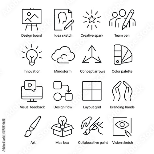 Creative Teams line art icons. design board, idea sketch, creative spark, team pen icon, innovation bulb, mindstorm cloud, concept arrows, color palette, visual feedback, design