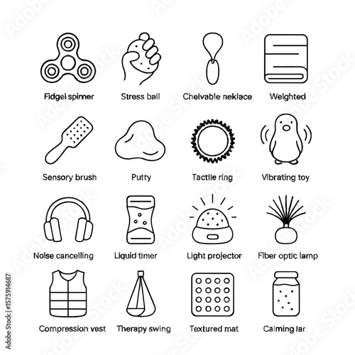Sensory tools line art icons. fidget spinner, stress ball, chewable necklace, weighted blanket, sensory brush, putty, tactile ring, vibrating toy, noise-canceling headphones,