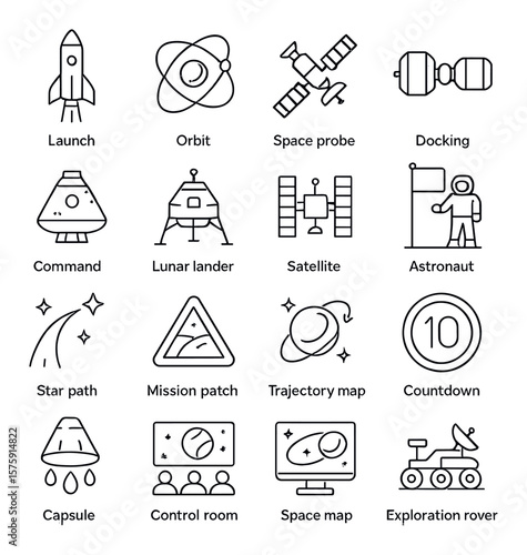 Space Missions line art icons. launch rocket, orbit icon, space probe, docking module, command module, lunar lander, satellite with panels, astronaut flag, star path, mission patch