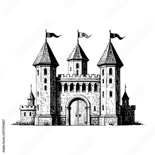 castle sketch engraving black and white outline. Scratch board imitation.  illustrated in vintage line art style on a white background.