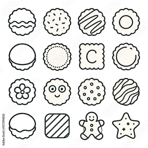 Decorated biscuits line art icons. icing pattern, sprinkles, chocolate drizzle, jam center, fondant top, piped border, lettered icing, glaze coat, edible flower, candy eyes, sugar