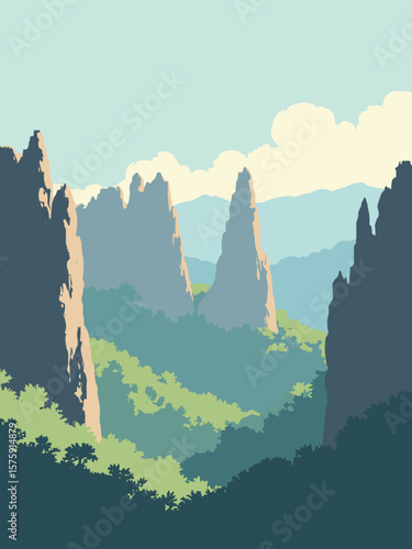 Tsingy de Bemaraha, Madagascar – jagged limestone needles in ash gray, forest green shadows, and pale blue sky