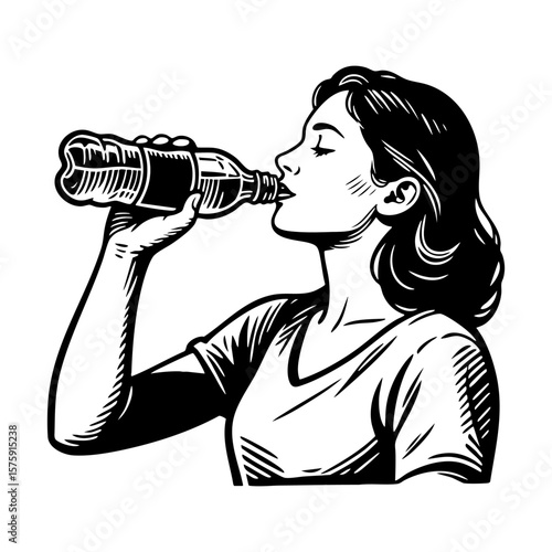 Woman drink mineral water from bottle sketch engraving black and white outline. Scratch board imitation. illustrated in vintage line art style on a white background.