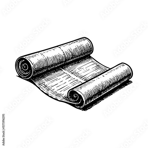 Ancient paper scroll engraving black and white outline. Scratch board imitation.  illustrated in vintage line art style on a white background.