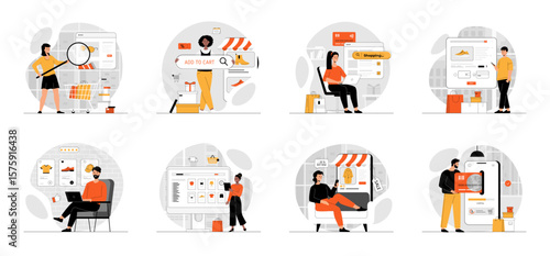Bundle of Shopping Online concepts with people scene in flat cartoon design. Collection work with men and women. People choosing goods at store, ordering and paying online in app. Vector