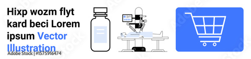 Medicine bottle, microscope with lab setup, and shopping cart icon representing science, healthcare, research, pharmacy, e-commerce, logistics, technology and a simple landing page