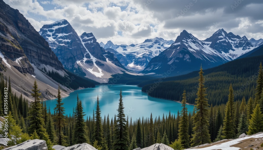 A scenic view of a turquoise lake surrounded by mountains and evergreen trees under a cloudy sky A scenic view of a turquoise lake surrounded by mountains and evergreen trees under a cloudy sky