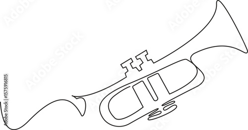 One line drawing of trumpet design. Classical music instrument. simple continuous outline style, One single line drawing of luxury bass trombone. Wind music instruments style. Vector Illustration