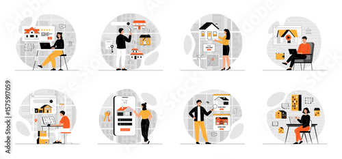 Bundle of Real Estate Online concepts with people scene in flat cartoon design. Collection work with men and women. People looking for apartment for rent or buy, signing lease contract and pays online