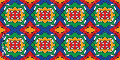 Vibrant seamless African tribal pattern. Bold geometric stars and intricate diamond shapes in rich blue, green, red, orange, white. Dynamic, ornate design for ethnic textiles, fashion, wallpaper.