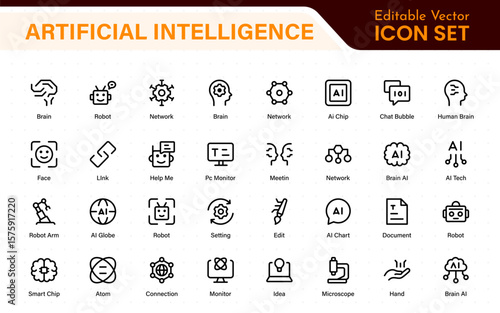 Artificial Intelligence Essentials Vector Icon Pack. Machine Learning, Algorithms, Smart Devices, and Future Tech Symbols in Outline Design.