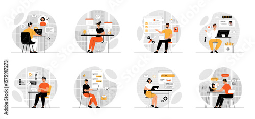 Bundle of Customer Support concepts with people scene in flat cartoon design. Collection work with men and women. Hotline operators consult customers.  Vector illustration