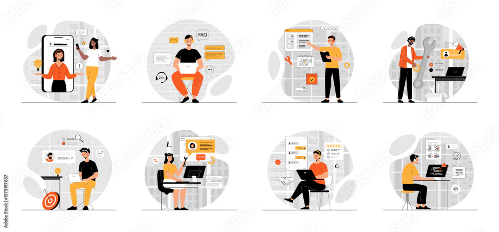 Fototapeta premium Bundle of Technical Support Service concepts with people scene in flat cartoon design. Collection work with men and women. Call center agents working on on the support hotline. Vector illustration