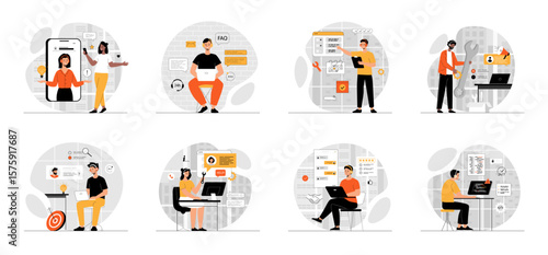 Bundle of Technical Support Service concepts with people scene in flat cartoon design. Collection work with men and women. Call center agents working on  on the support hotline. Vector illustration
