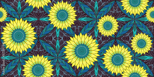 African ethnic traditional, sunflower Blue pattern. seamless beautiful Kitenge, chitenge, dutch wax style. fashion design. botanical abstract motif. Yellow floral Ankara prints and African wax prints.