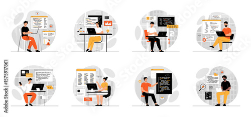 Bundle of Software Development Programming Coding concepts with people scene in flat cartoon design. Collection work with men and women. Developers working on computer and creating programs, coding. 