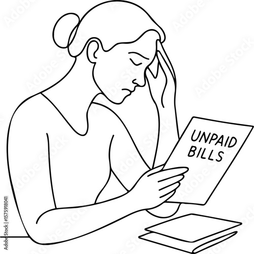 Woman looking worried while holding unpaid bills in her hand  