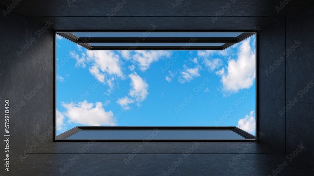 Fototapeta premium Modern architectural building with metal wall panels and transparent ceiling structure, showing open sky above. 3D rendered design concept for office, residential space, or commercial facade