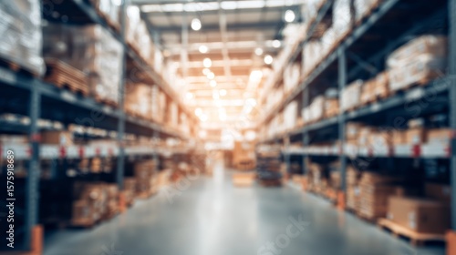 Blurred warehouse aisle background with tall industrial shelves filled with wood materials and construction supplies in a large wholesale storehouse. Logistic distribution and inventory concept