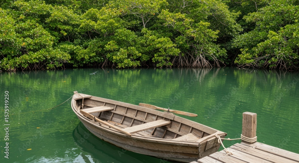 Tranquil wooden boat on calm emerald water, lush mangrove forest Tranquil wooden boat on calm emerald water, lush mangrove forest
