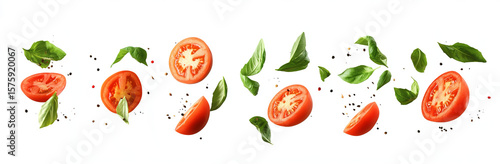 sliced tomatoes and basil leaves flying in the air on a transparent background