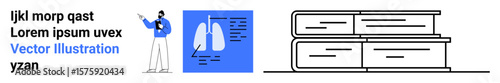 Doctor pointing at lung diagram on screen with stack of books symbolizing knowledge. Ideal for education, healthcare, training, presentation, research, publishing, simple landing page