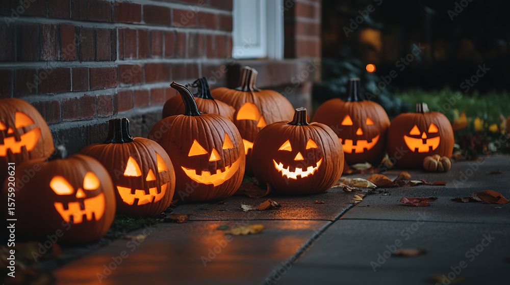 Obraz premium Halloween thrills with chilling tales, carved pumpkins, spooky sounds, cobweb-covered doors, and playful fear. Monsters, zombies, and fairies roam as treats and tricks fill the crisp night air. On Hal