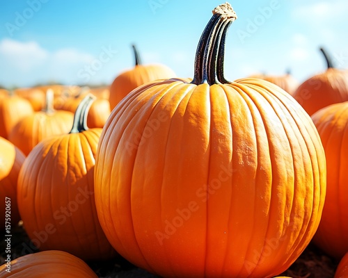 Close up of pumpkins growing in a sunny field