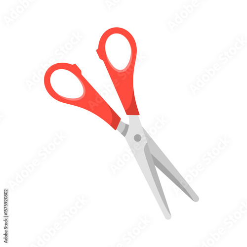 School scissors open, red handled scissors. Vector isolated on white. Sewing concept. Cartoon style, flat design. Professional hairdressing scissors. Paper kids scissors