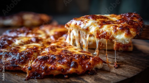 Delicious Cheese Pizza Slice: A mouthwatering image of a cheesy pizza slice being lifted, showcasing strings of melted mozzarella cheese, and a perfectly baked crust.