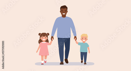 Happy Father and Children: A heartwarming illustration of a father and his two children walking hand-in-hand, radiating joy, love and familial bond.