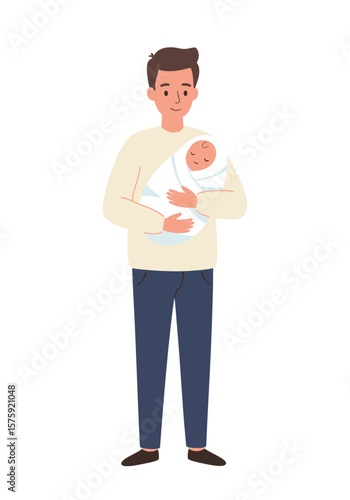A Father's Gentle Embrace: A tender depiction of a father, cradling his newborn child in a peaceful and loving embrace, embodies paternal affection and familial connection.