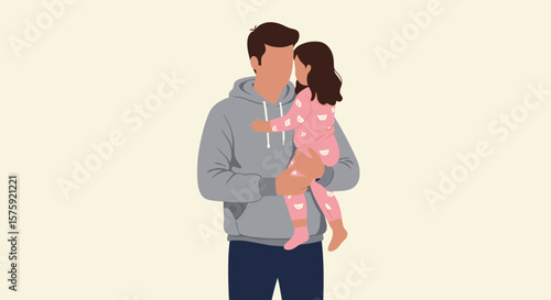 Fatherly Embrace: A tender moment captured between a father and his daughter, the little girl rests comfortably in her father's arms, evoking warmth and familial love.