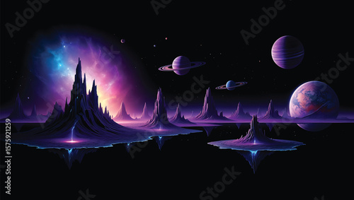 Alien Purple Planet Landscape with Floating Islands and Ringed Planets in Dark Space Nebula