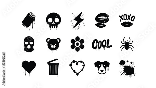 Black and White Graffiti Style Icons Set Skull Can Lips Flower Spider Heart Trash Can Dripping Paint