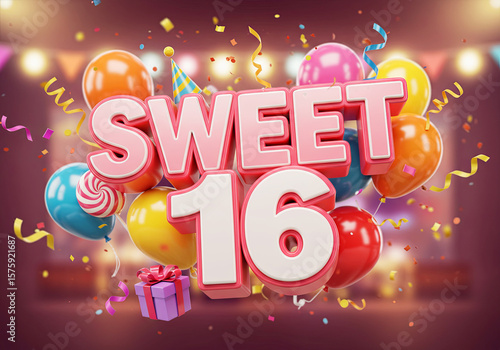 Sweet 16 in Party Style with Colorful Decoration Celebration Theme Wall Background